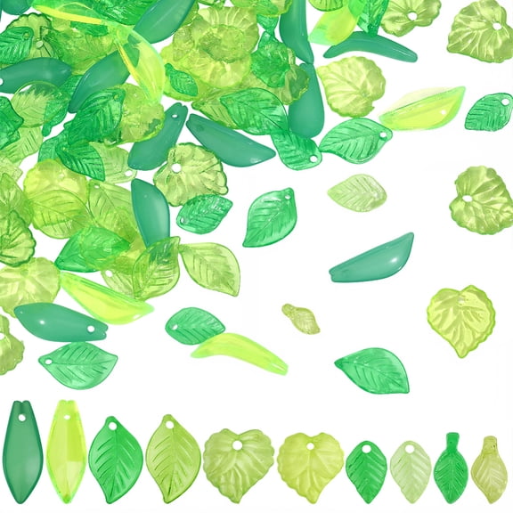 1 Box 600PCS 10 Styles Acrylic Green Leaf Beads with Holes Mix Shape Transparent Clear Leaves Plant Spacer Loose Garden Bead Charm Bulk DIY