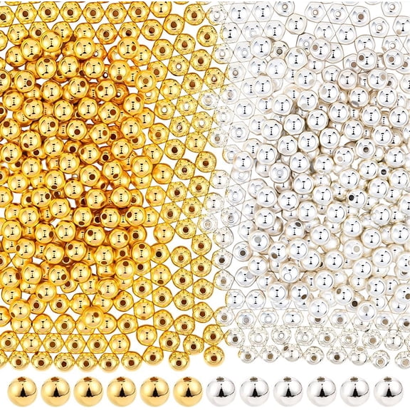 1 Box 600PCS 8MM Silver and Gold Plated Plastic Beads with Holes Spacers Round Shiny Summer Smooth Charms Loose Spacer Ball Bead Bulk for Jewelry Making Necklaces Earring Diy Craft Supplies