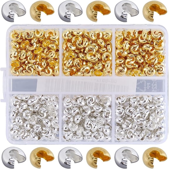 1 Box 600Pcs Gold Crimp Bead Covers Jewelry Crimp Covers Small 4mm Brass Silver Open End Knot Crimps Cover Beads for Jewelry Making Necklaces Bracelets Earrings Supplies DIY Crafts