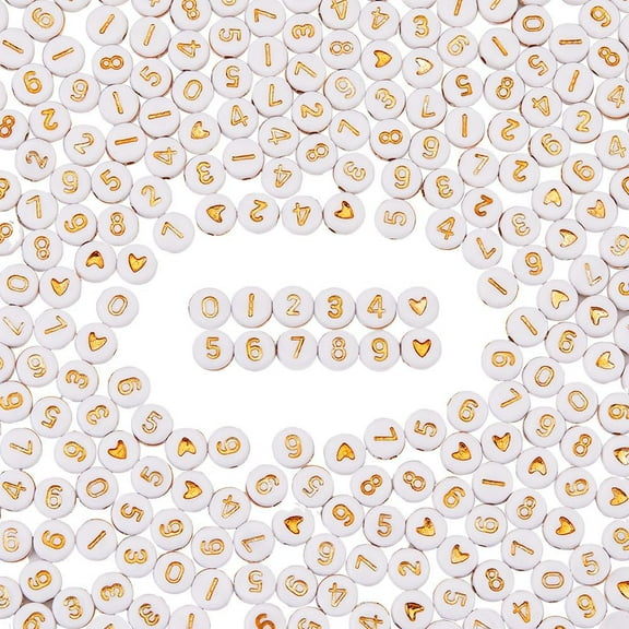 1 Box 600pcs 7x4mm Gold Round Number Beads Number Heart Beads Acrylic Plastic White Golden Round 0-9 Numbers Symbol Pattern Loose Bead for Jewelry Making DIY Friendship Bracelet Beading Craft DIY