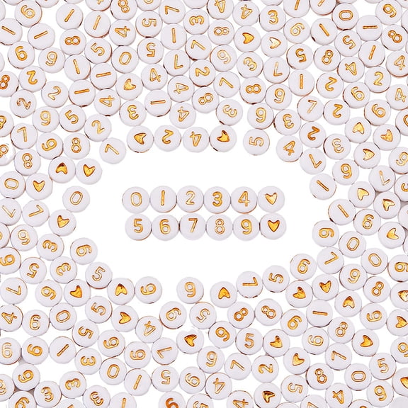 1 Box 600pcs 7x4mm Gold Round Number Beads Number Heart Beads Acrylic Plastic White Golden Round 0-9 Numbers Symbol Pattern Loose