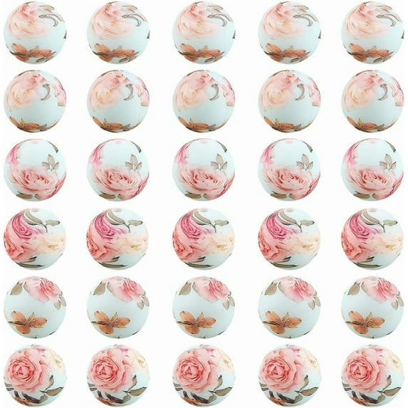 1 Box 60PCS 15MM Rose Flower Print Silicone Beads with 2MM Hole Round Printed Floral Rubber Colorful Spacer Focal Loose Bead Bulk for Jewelry Making Keychain Bracelets DIY Craft Supply