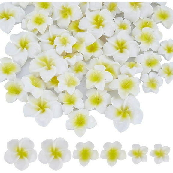1 Box 60PCS Flower Cabochons Flatback Plumeria Flower Beads Resin White 3D Mini Hawaii Floral Ocean Sea Beach Cabochon for Jewelry Making Scrapbooking Embellishments Decor DIY Crafts Yellow