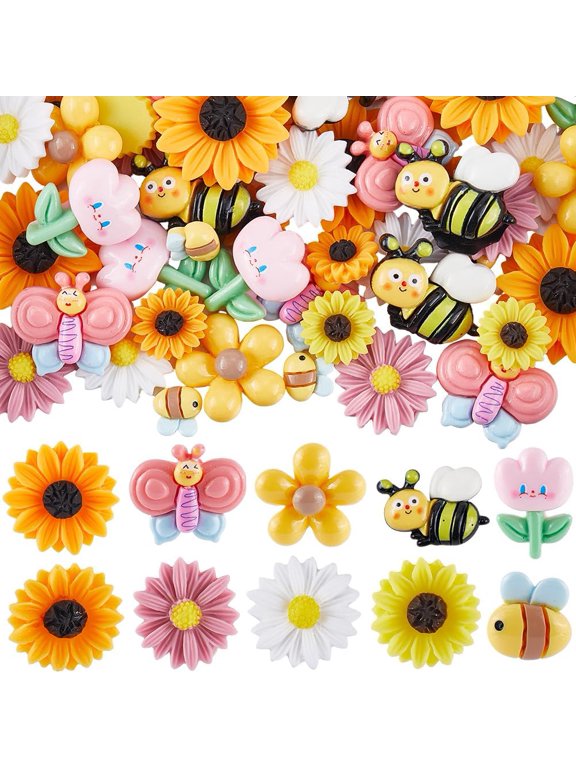 1 Box 60Pcs 10 Styles Bee Cabochon Butterfly Flatback Resin Charms Spring Cute Shiny Daisy Sunflowers Cabochons for Jewelry Making Scrapbooking Decorations Embellishments DIY Crafting DIY Mixed Color