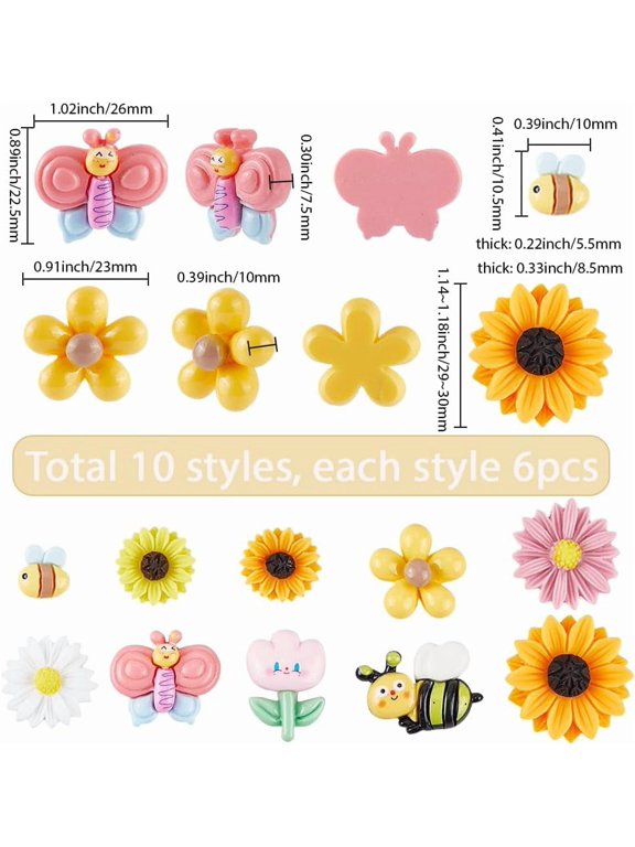 1 Box 60Pcs 10 Styles Bee Cabochon Butterfly Flatback Resin Charms Spring Cute Shiny Daisy Sunflowers Cabochons for Jewelry Making Scrapbooking Decorations Embellishments DIY Crafting