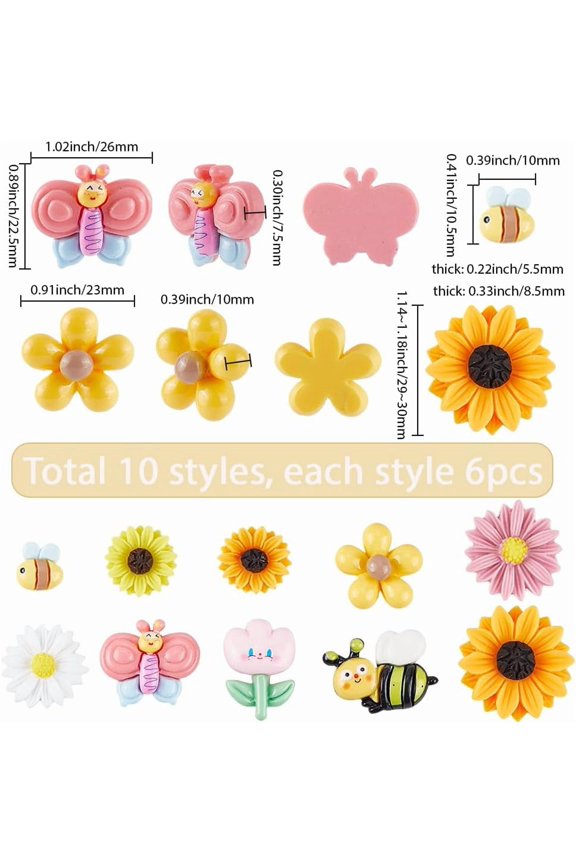 1 Box 60Pcs 10 Styles Bee Cabochon Butterfly Flatback Resin Charms Spring Cute Shiny Daisy Sunflowers Cabochons for Jewelry Making Scrapbooking Decorations Embellishments DIY Crafting