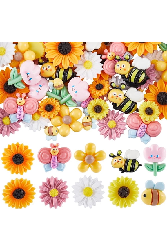 1 Box 60Pcs 10 Styles Bee Cabochon Butterfly Flatback Resin Charms Spring Cute Shiny Daisy Sunflowers Cabochons