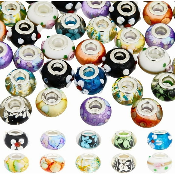 1 Box 60Pcs 10 Styles Large Hole Murano Beads European Bead Spacer Glass Rondelle Colorful Resin Flower Lampwork Loose Beads Bracelet Necklace Earring Supplies DIY Craft Mixed Color
