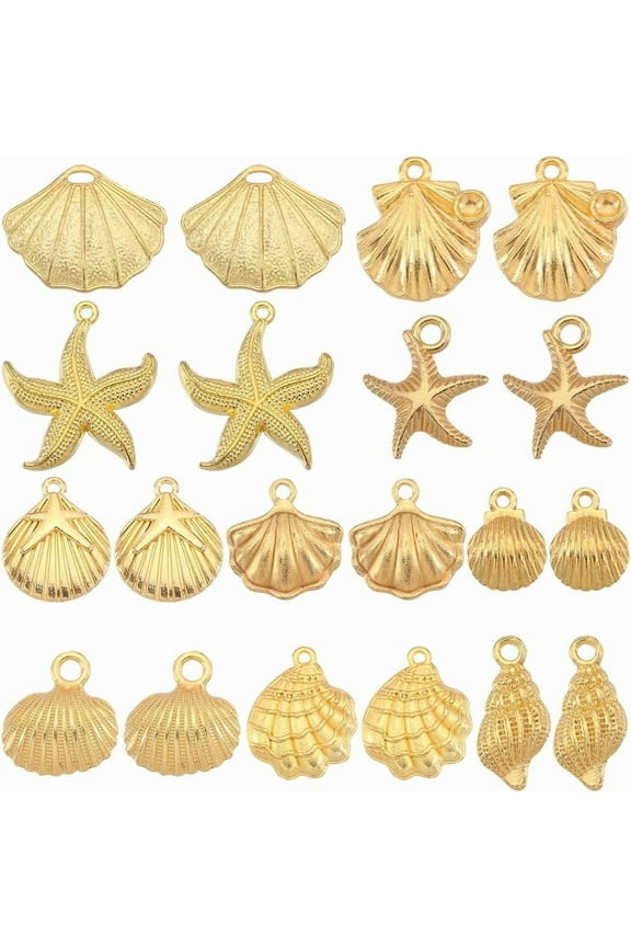 1 Box 60Pcs 10 Styles Seashell Charms Gold Starfish Charm Bulk Alloy Conch Summer Ocean Life Theme Sea Animals Beach Charms for Jewelry Making Charms Necklace Bracelet Earrings Crafting DIY