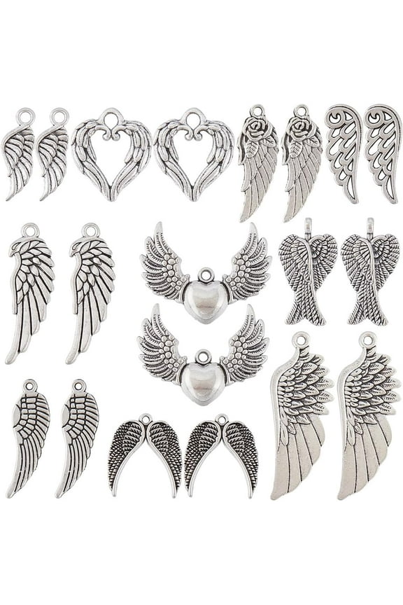 1 Box 60Pcs 10 Styles Wing Charm Bulk Feather Charms Retro Silver Alloy Heart Angel Wings Vintage Boho Charm for Jewelry Making Charms Supplies DIY Necklace Bracelet Earrings Valentine's Day