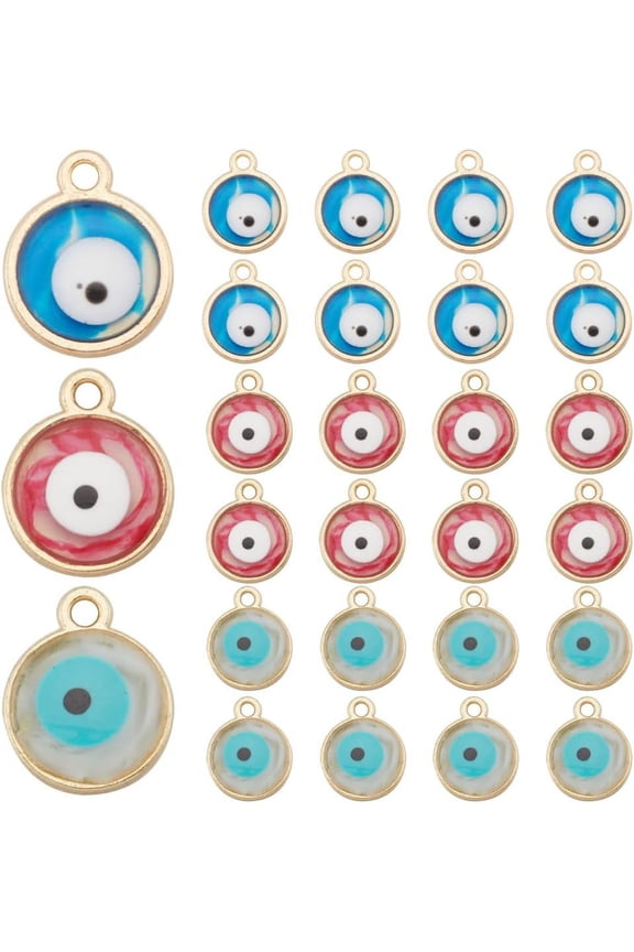 1 Box 60Pcs 3 Colors Evil Eye Charm Alloy Enamel Evil Eye Charms Bulk Round Epoxy Resin Halloween Turkey Charm for Jewelry Making Charms DIY Necklace Bracelet Earring Women Beginners Adults DIY