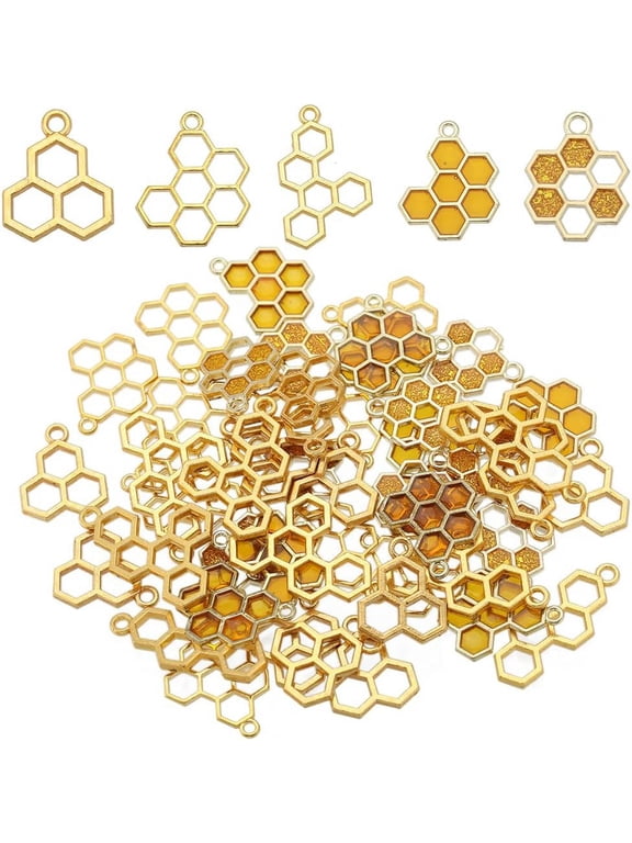 1 Box 60Pcs 5 Styles Bee Charms Honeycomb Charms Bulk Honeycomb Enamel Charm Mini Honeycomb Charm Hollow Sweet Honey Charms