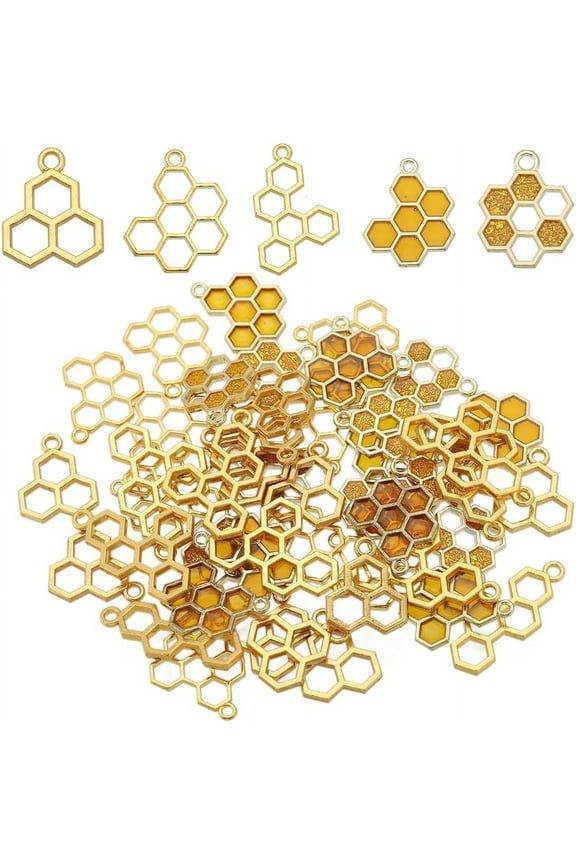 1 Box 60Pcs 5 Styles Bee Charms Honeycomb Charms Bulk Honeycomb Enamel Charm Mini Honeycomb Charm Hollow Sweet Honey Charms