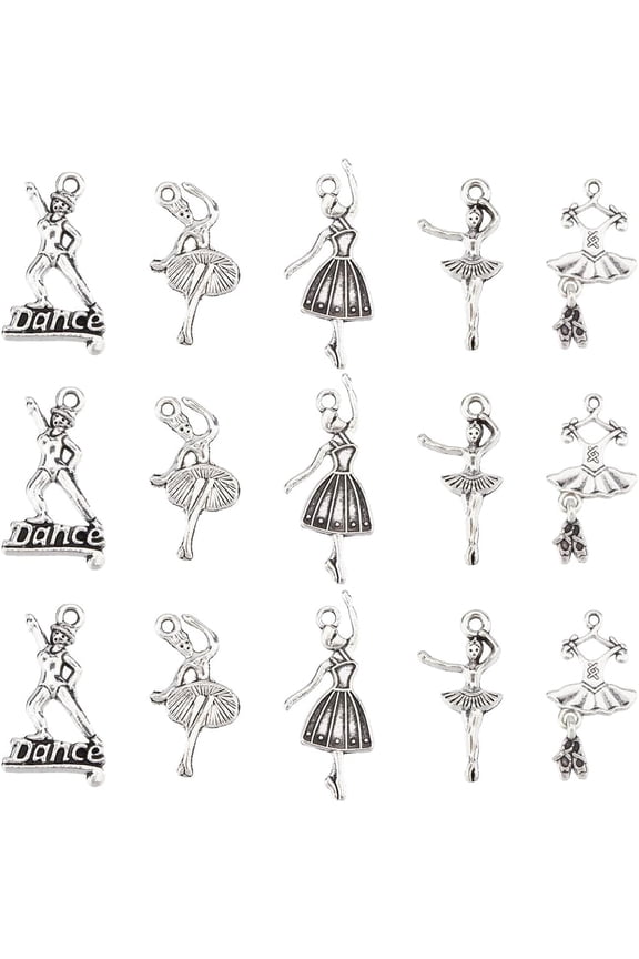 1 Box 60Pcs 5 Styles Dancer Charm Dance Charms Bulk Assorted Metal Alloy Silver Dancing Ballerina Dancers Dangle Charm