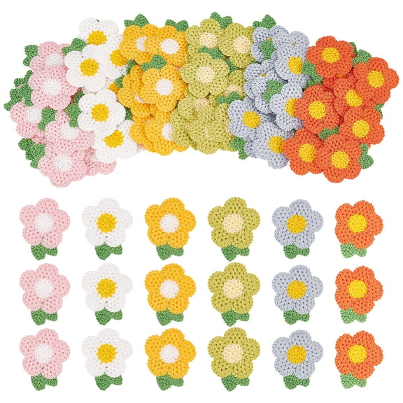 1 Box 60Pcs 6 Colors Crochet Flowers Applique 1.8x1.5 inch Crochet Floral Applique Patches Sew on Floral Patch Embellishment Handmade Crocheted Flower Appliques for DIY Hats Hair Band Clothes