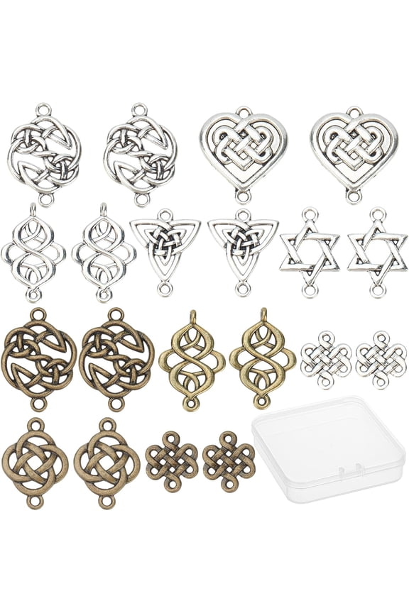 1 Box 60Pcs 6 Styles Celtic Knot Connect Charms Findings 2 Colors Tibetan Alloy Flower Triangle Heart Knot Links Good Luck Connector Charms Pendants for DIY handcrafting