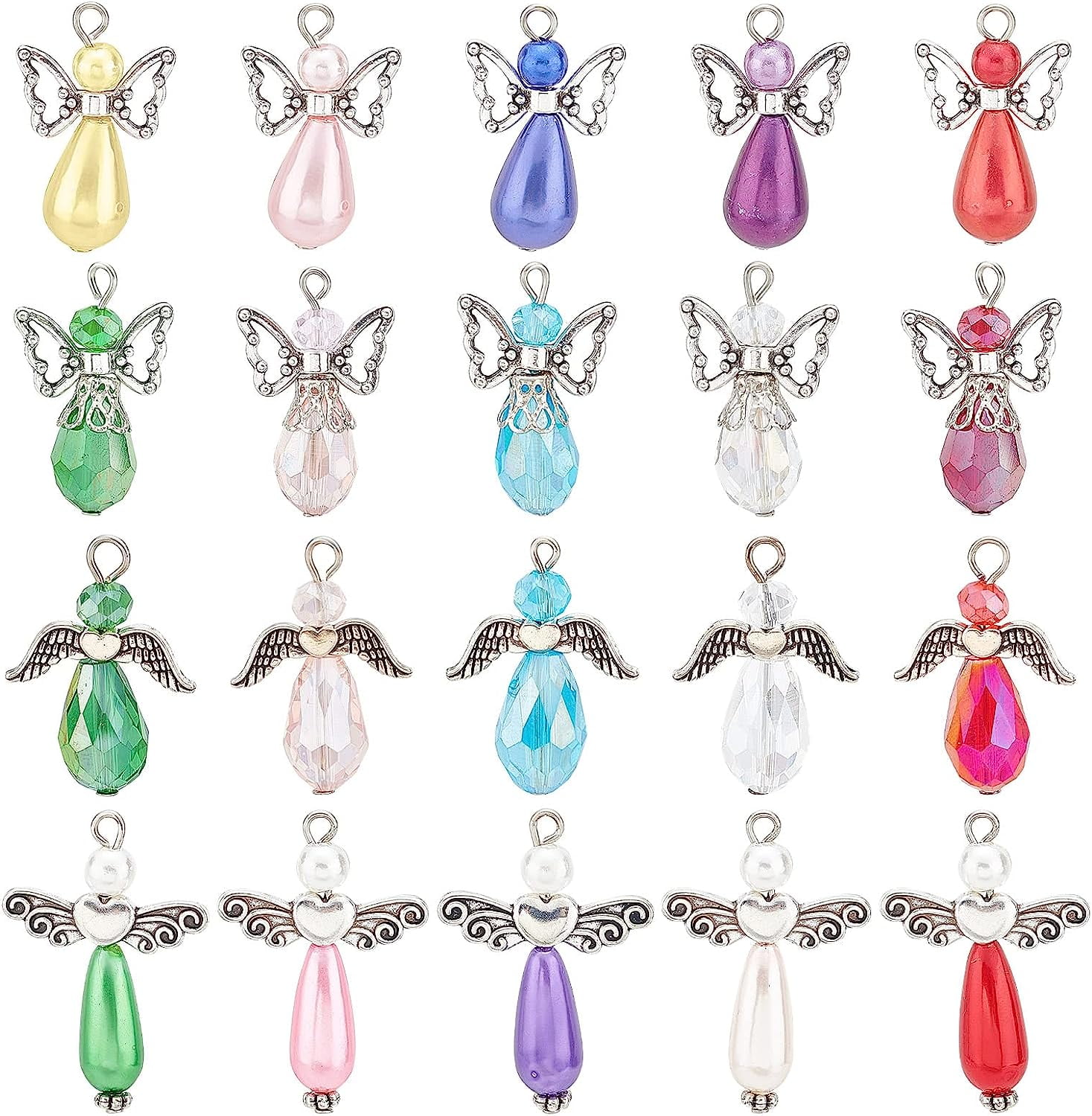 1 Box 60Pcs Angel Charms Angel Beads Beading Guardian Charm Beaded Wings Faceted Glass for Jewelry Making Party Favor Gift DIY Necklace Earring Keychain Craft Mixed Color Mixed Color