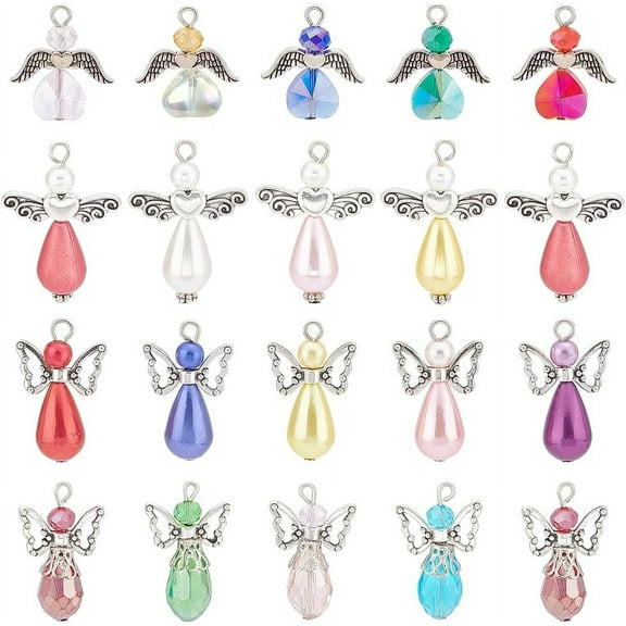 1 Box 60Pcs Angel Charms Bulk Angel Beads Guardian Wing Heart Faceted Glass Beads Love Beading Fairy Pendants for Jewelry Making Party Favor Gift Christmas Earrings DIY Craft for diy