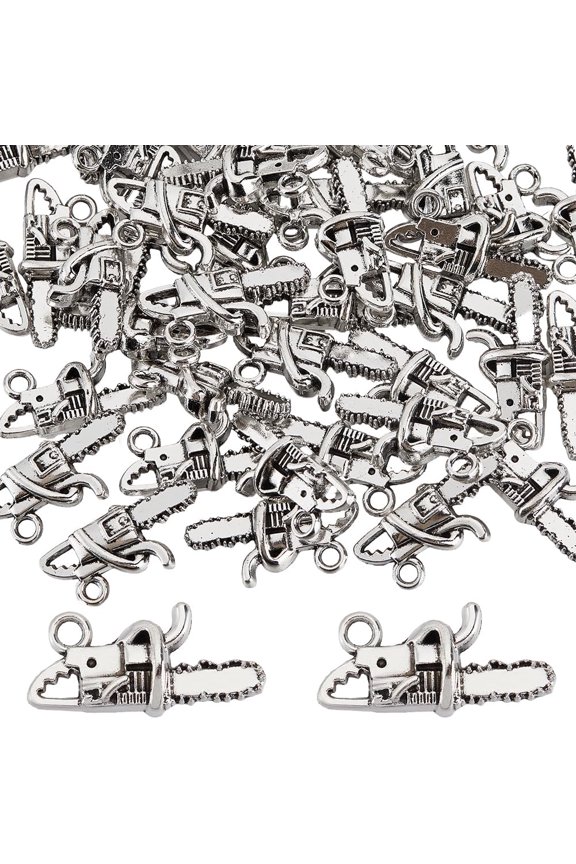 1 Box 60Pcs Chainsaw Charm Tool Charms Bulk Metal Alloy Silver Small Cut Tree Weapon Electric Tools Saw Charm Antique Silver