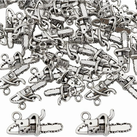 1 Box 60Pcs Chainsaw Charm Tool Charms Bulk Metal Alloy Silver Small Cut Tree Weapon Electric Tools Saw Charm for Jewelry Making Charms DIY Keychain Necklace Earrings Ankle Crafting for making
