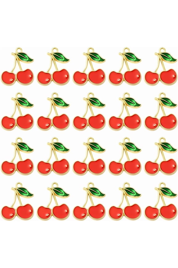 1 Box 60Pcs Enamel Cherry Charms Cherries Charms Bulk Alloy Vintage Red Metal Gold Flat Dangle Cute Fruit Pendants for DIY Making
