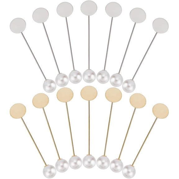 1 Box 60Pcs Gold Brooch Stick Pin Round Tray Lapel Pin Bulk Brass Safety Flat Brooch Stick Pin Needle with Plastic Pearl Bead Silver Brooch Findings for DIY Crafts Suit Tie Hat Scarf DIY Jewelry
