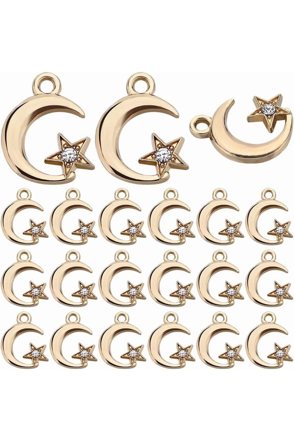 1 Box 60Pcs Gold Star Charms Rhinestone Moon Charm Alloy Metal Celestial Crecent Stars Planets Charm Bulk for Jewelry Making Charms Women DIY Necklaces Earrings Bracelets Crafts Golden 1box