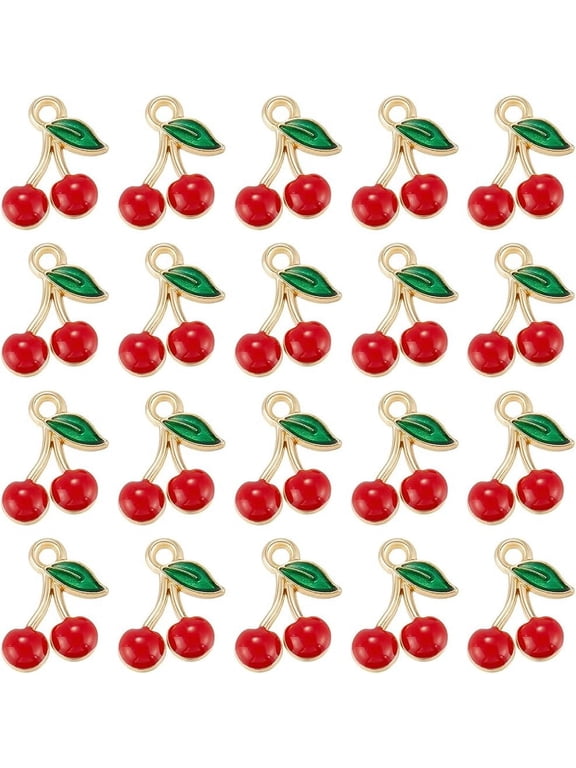 1 Box 60Pcs Red Cherry Charm Enamel Fruit Charms Bulk Golden Metal Alloy Fruits Food Cherries Mini Dangle Charm