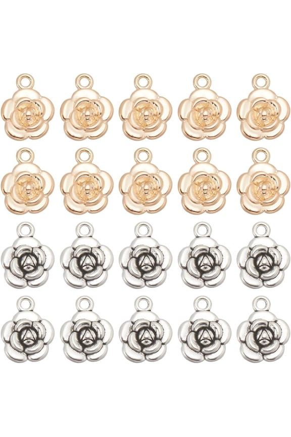 1 Box 60Pcs Rose Flower Charms Roses Charm Chic 3D Alloy Metal Light Gold Silver Floral Charms Bulk for Jewelry Making Charms Necklace Earring Valentine's day Christmas Women Adults