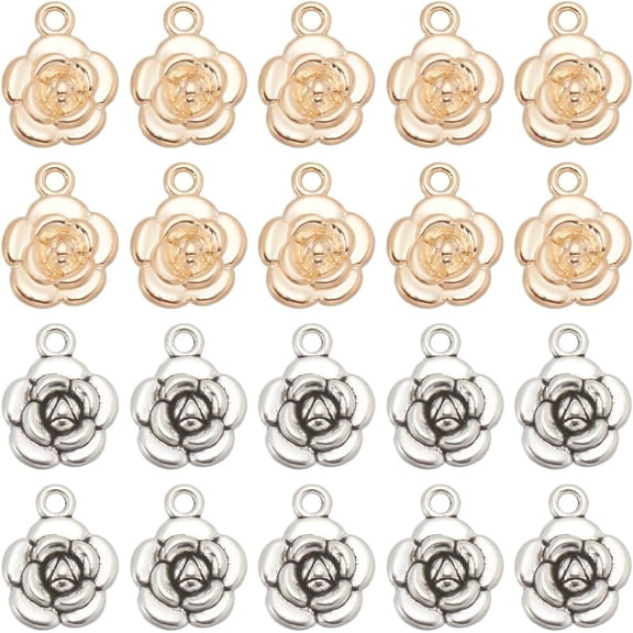 1 Box 60Pcs Rose Flower Charms Roses Charm Chic 3D Alloy Metal Light Gold Silver Floral Charms Bulk