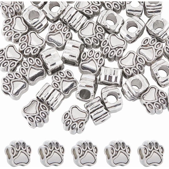 1 Box 60Pcs Silver Paw Print Beads Bulk Dog Paw Bead Alloy Vintage Metal Puppy Cat Bear Animal Pet Cute Large Hole Spacer Footprint Beads