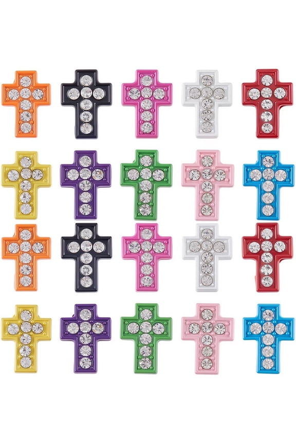 1 Box 60Pcs Slide Rhinestone Charms Easter Cross Beads Bulk Slide Alloy Metal Crucifix Holy Small Colorful Cross Spacers for Jewelry Making Supplies DIY Craft Bracelet Necklace Women Adults