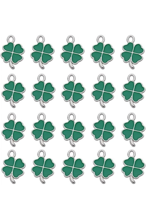 1 Box 60Pcs St Patrick Day Charms Enamel Four Leaf Clover Charms Green Shamrock Charm Irish Good Luck Plant Silver Tone Four Leaves Clover Charm St Patrick's Charm
