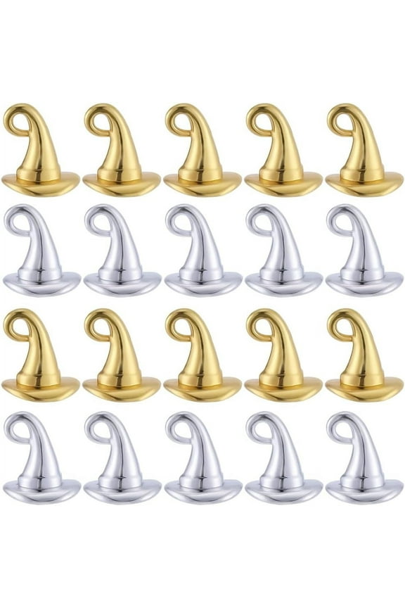 1 Box 60Pcs Wizard Hat Charms Bulk Witch Hats Charm 3D Alloy Gold Silver Western Magic Energy Charm for Jewelry Making Charms DIY Craft Necklace Bracelet Earring Beginners Adults