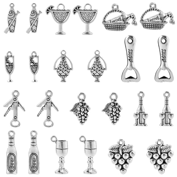 1 Box 60pcs 12 Styles Wine Themed Charms Wine Bottle Charms Alloy Silver Assorted Drink Glass Bottle Cocktail Grape Shape Pendants DIY