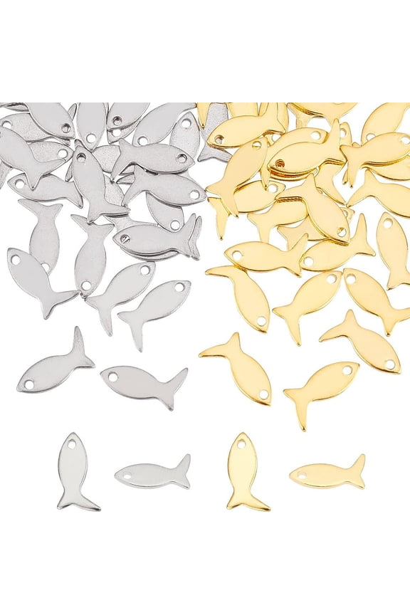 1 Box 60pcs 2 Colors Fish Charm Stainless Steel Pendants Fish Dangle Charm Animal Charm for DIY Dangle Jewelry Making 12x6x0.6mm