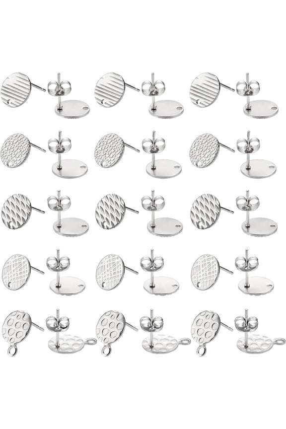 1 Box 60pcs 5 Styles 10mm Textured Flat Round Stud Earrings Stainless Steel Earring with Ear Nuts Metal Ear Studs for Jewelry Making Stainless Steel Color Pin 0.8mm