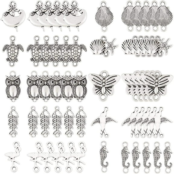 1 Box 60pcs Animal Connector Charms Antique Silver Double Hole Connectors Tibetan Style Turtle Seashell Linking Charm Owl Butterfly Links Charms for Jewelry Making Charm DIY Bracelet Craft DIY