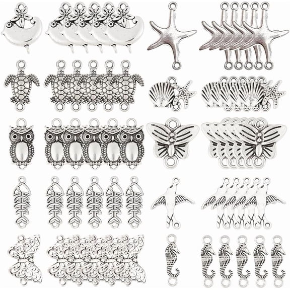 1 Box 60pcs Animal Connector Charms Silver Double Hole Connectors Tibetan Style Turtle Seashell Linking Charm Owl Butterfly Links Charms Making Charm DIY Bracelet Craft Antique Silver 1box