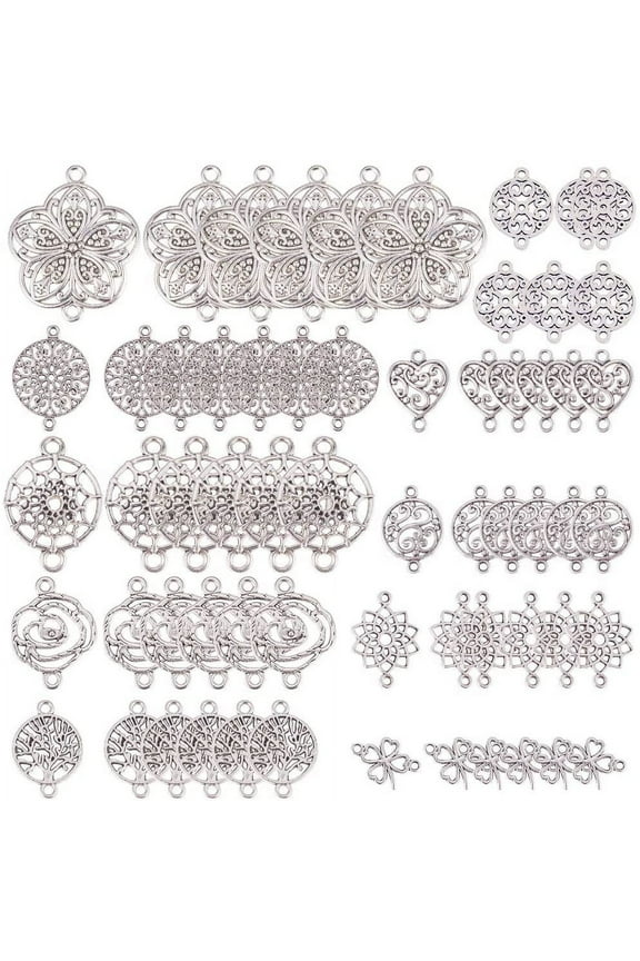 1 Box 60pcs Assorted Connector Charms Flower Tree of Life Charms Dream Catcher Antique Silver Chakra Heart Linking Connectors Charm