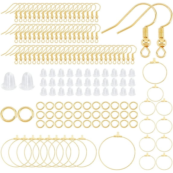 1 Box 620Pcs Earring Findings Kit Including Brass Earring Hooks Stainless Steel Ring Pendants Jump Rings Plastic Ear Nuts for Women DIY Dangle Earrings Jewelry Making Golden