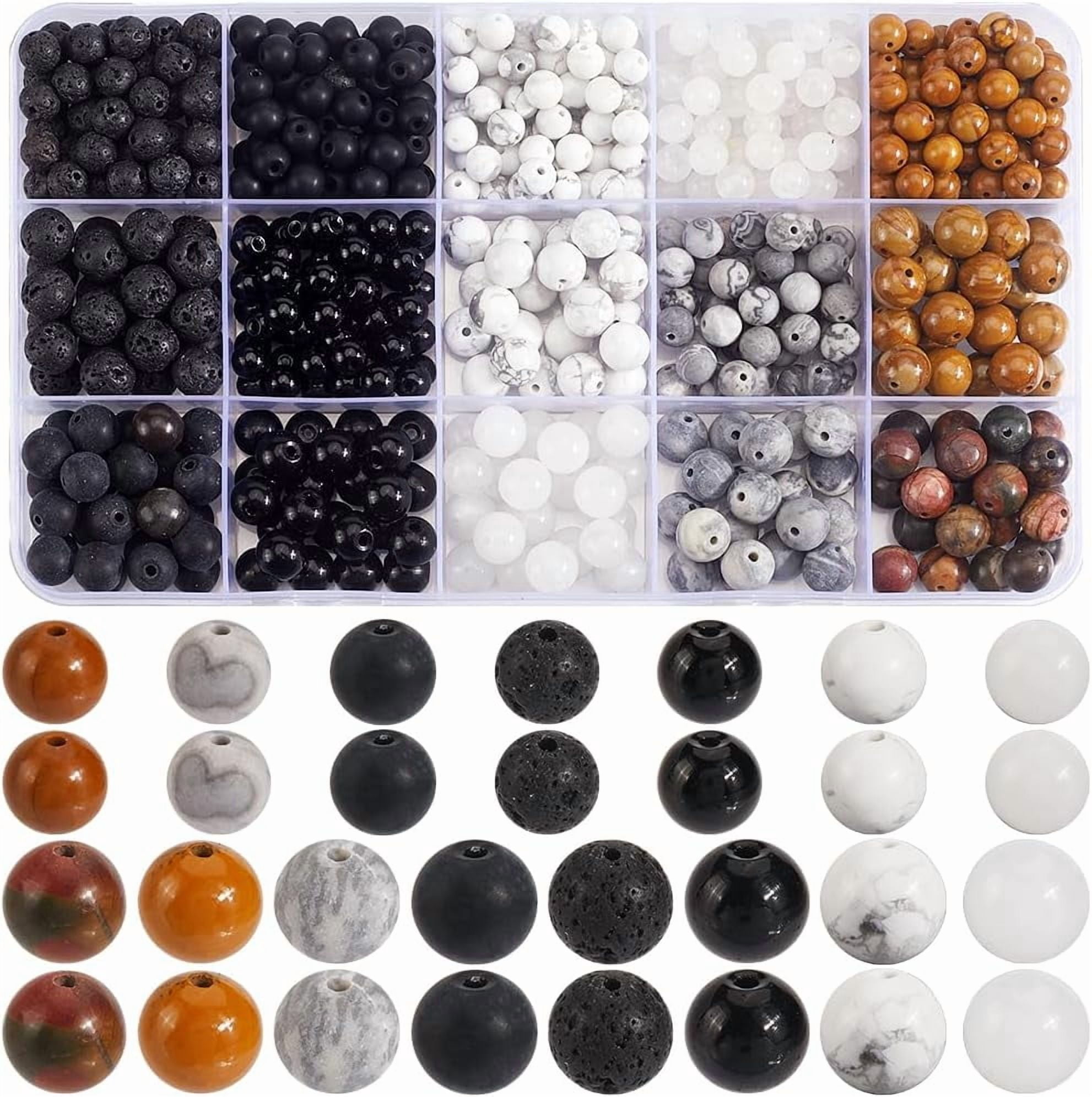 1 Box 620Pcs Natural Howlite Beads Stone Round Beads White Black 8mm Wood Small Ball Spacer Findings Kits for Jewelry Making Necklace Bracelet DIY Craft Accessories colorful