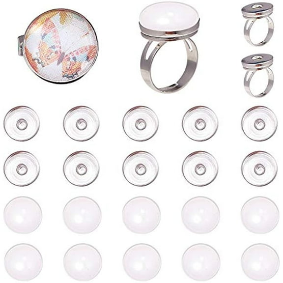 62Pcs Button Finger Ring Adjustable Snap Ring Components with Snap Button Cabochon Settings Glass Cabochons Base Bezel Tray Settings