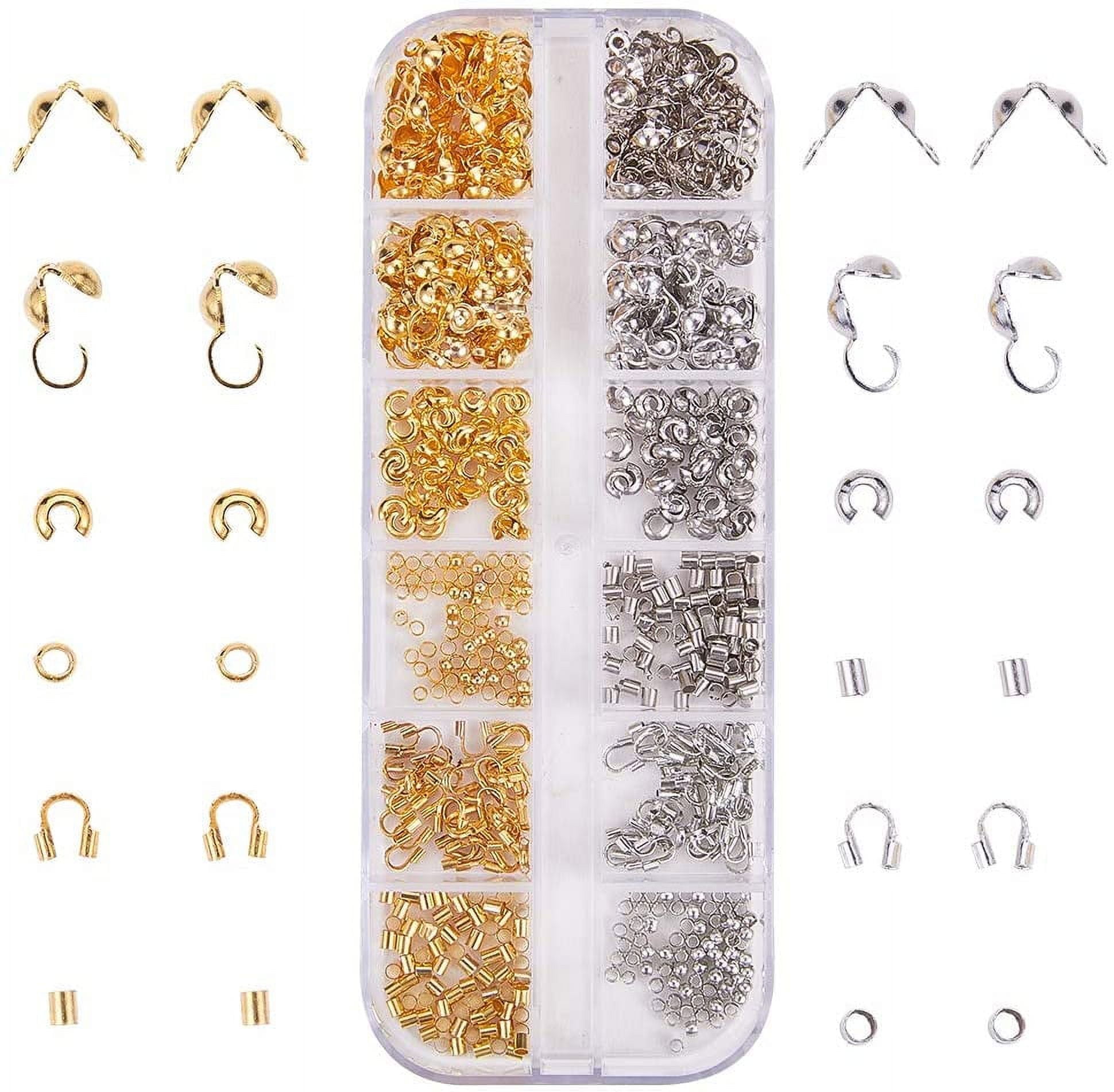 1 Box 640pcs Bead Tips Knot Covers & Crimp Beads End Tips & Fold Over Bead Terminators Crimp Caps & Wire Guardian Cable Protector & Tube Crimp Beads Jewelry Making Supplies Silver & Golden