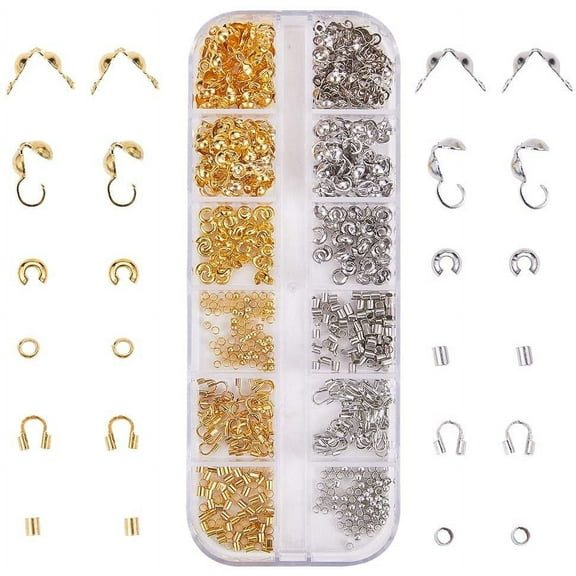 1 Box 640pcs Bead Tips Knot Covers & Crimp Beads End Tips & Fold Over Bead Terminators Crimp Caps & Wire Guardian Cable Protector & Tube Crimp Beads Jewelry Making Supplies Silver & Golden