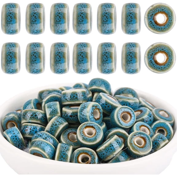 1 Box 64PCS Blue Ceramic Beads with Large Holes Porcelain Handmade Rondelle Flat Round Glaze Disc Vintage Spacer Loose Bead Bulk