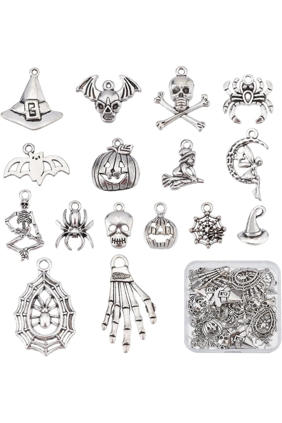 1 Box 64Pcs 16 Style Charms Bulk Tibetan Style Alloy Charms Spider Charms for Jewelry Making Spider Web Flying Wizard Bat Jack-O'-Lantern Earring DIY Supplies Silver 1box