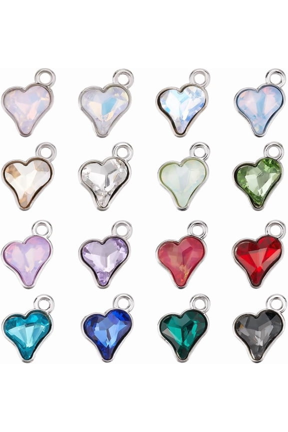 1 Box 64Pcs 16 Styles Glass Hearts Charms Colorful Heart Charms Love Small Carved Pink Red White Valentine Pendants