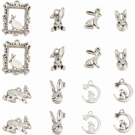 1 Box 64Pcs 8 Styles Rabbit Charms Bulk Pet Charm Easter Metal Alloy Cute Antique Silver Tibetan Animal Bunny Charm for Jewelry Making Charms DIY Keychain Bracelet Earrings Necklace Crafting