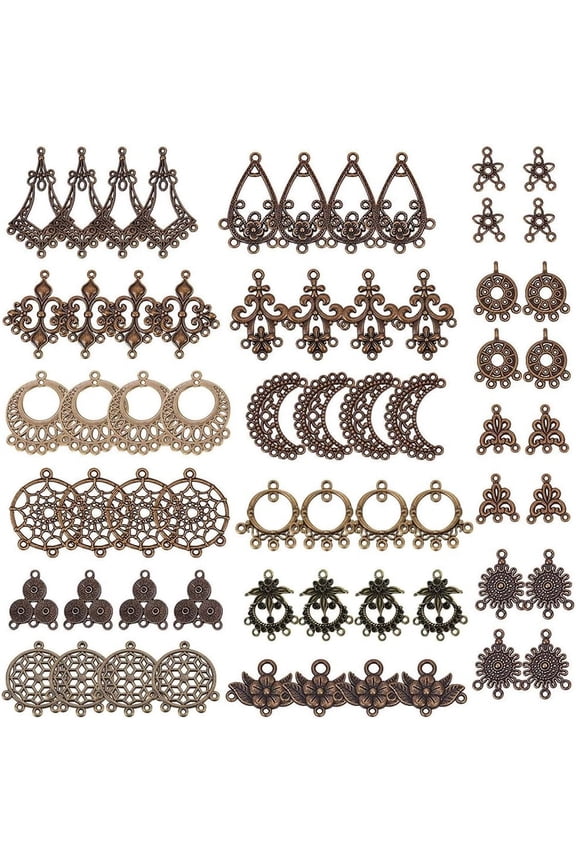 1 Box 64Pcs Assorted Chandelier Connector Charms Tibetan Style Antique Bronze Flower Dream Catcher Charm Earring Findings Loops Vintage Linking Connectors Charm for Jewelry Making Charms